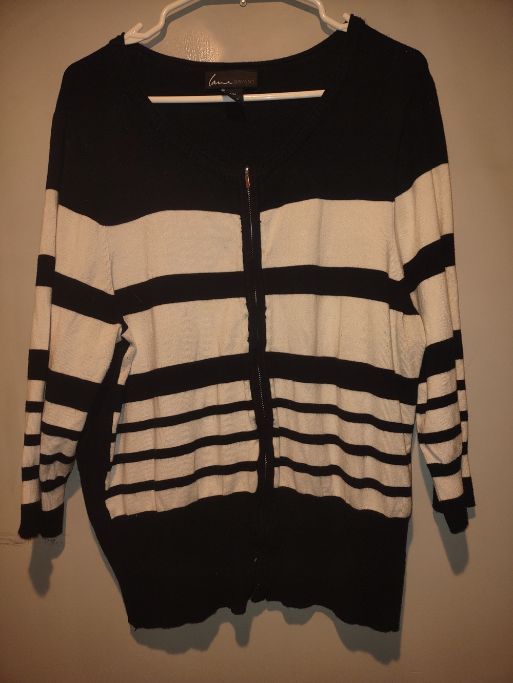 Lane Bryant Black and White Striped Zip-Front Cardigan
